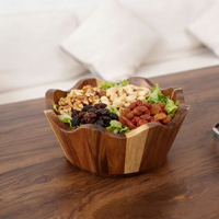 Bol à salade en bois d'acacia à bords festonnés, bol à fruits en bois à bord ondulé, bol de service pour fruits secs et noix, décoration d'intérieur
