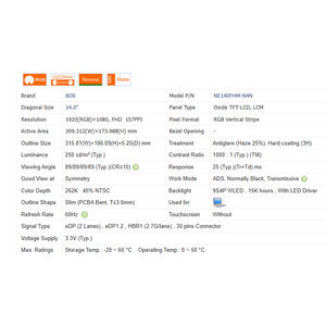 1000:1 NE140FHM-N4N 250cd/<span class=keywords><strong>M</strong></span> Geen Aanraking 16:9 Lcd 14.0 "Scherm Module 1920*1020 Wled Nieuwe Laptop Lcd-Scherm - Product Image 6