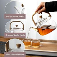 Grande théière en verre borosilicate soufflé à la main, résistante à la chaleur, transparente, personnalisée, unique, 1000 ml, avec poignée en bois