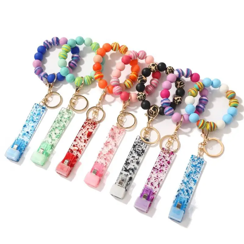 Hot Sale Wholesale Tie Dye Rainbow Silicone Bead Acrylic Clip Credit Card Pullers Wristlet Keychains For Long Nails