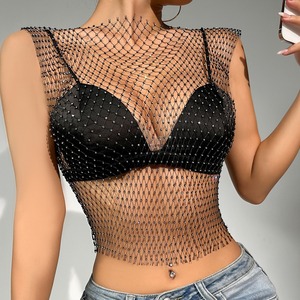 Débardeur sexy en <span class=keywords><strong>maille</strong></span> transparente pour <span class=keywords><strong>femme</strong></span>, orné de strass brillants, style résille ajourée, crop top, idéal pour la plage, les soirées et les clubs - Product Image 1