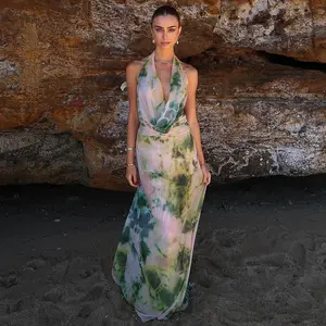 Tie Dye Casual Holiday Two Piece Skirt Set Women 2024 Summer Sexy Beach Party Pleated Halter Tops and Long Skirt