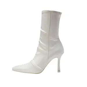 Botas de piel de aguja para mujer, botines de tacón alto, calzado formal, color blanco, para invierno y otoño