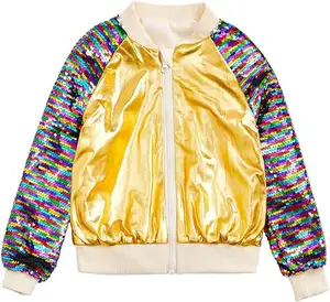 Customized Logo Girls Flip Sequin Rainbow Jackets Kids Sparkle Outwear Glitter Sleeve Shiny Metallic Coat For Girl