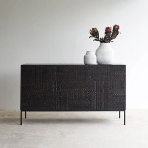 Antika El Oyması Masif Tik Ağacı Çekmeceli Büfe Orta Yüzyıl Tribal Desenli Büfe Dolabı Yemek Odası Oturma Odası İçin - Product Image 2