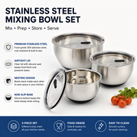 Ensemble de bols à salade modernes en acier inoxydable 304 poli sur mesure, antidérapants, avec couvercles en verre hermétiques et anti-étirement, écologiques