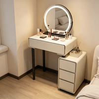 Coiffeuse de chambre style crème français pour petits espaces, moderne et minimaliste, avec plateau en verre, armoire et commode tout-en-un