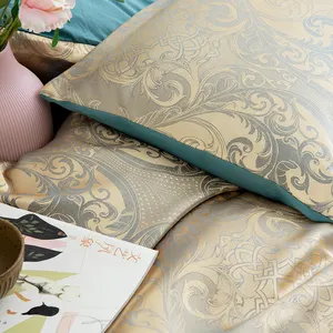 Gold Luxus Silky Satin Jacquard Bett bezug Bettwäsche Set mit Reiß verschluss Verschluss Kissen bezug 100% Polyester