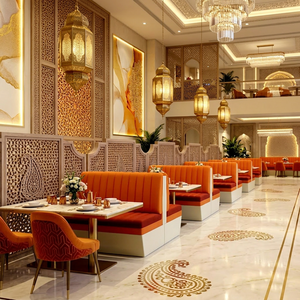 Modern Mediterranean <b>Restaurant</b> Booth <b>Set</b> with Orange Fabric Upholstery and Faux Marble Table Top for Commercial Dining - Product Image 1