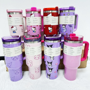 Vaso de agua de acero inoxidable de 40 oz con diseño de dibujos animados, botella de agua Kawaii con asa, taza de café aislada para viaje en coche - Product Image 4
