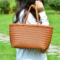 Sac de shopping de luxe en cuir véritable tressé à la main, grand format, pour femme, avec poignée supérieure, style panier français, vente chaude en gros direct usine