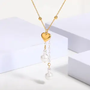 Go Party Fashion Love Heart Pendant Necklaces Copper 18K Gold Plated Jewelry Bead Pearl Tassel Chain Charm Necklace Women Girls