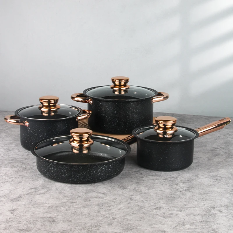 High Quality 8pcs Black Iron Medical Stone Coating Kitchenware Non-stick Cookware Pots and Pans Set · image 3