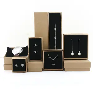 Grosir Kotak Penyimpanan Hadiah Cincin Ganda Kemasan Kertas Kraft Coklat Kustom Kotak Perhiasan dengan Sisipan Busa Hitam