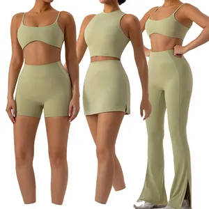 Hot Sale Sportswear Gym Clothing Active Wear Yoga Sports Bra High Waist Flare Pants Set 6 Piece Fitness Yoga Wear For Women