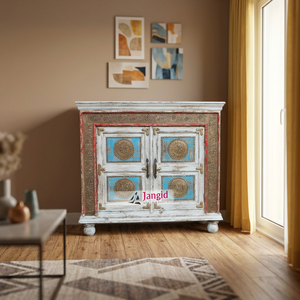 <b>Vintage</b> Reclaimed Wood Distressed White Washed Living Room Cabinet Brass Floral Work Storage Cupboard Handmade Hotel Farmhouse - Product Image 3