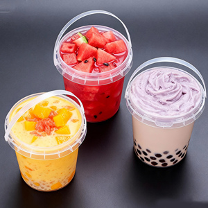Custom logo Large Capacity 16oz 24oz 32oz Transparent Boba Tea Coffee Fruit Plastic <b>Buckets</b> Cups <b>With</b> Handles and <b>Lids</b> - Product Image 2