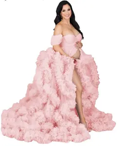 Pretty Peach Pink Fluffy Tulle Maternity Dresses Off The Shoulder Sweetheart Puffy Pregnancy Gowns For Photography Front Slit