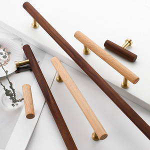 Poignées de meuble en bois de hêtre et de noyer, forme barre, en bois massif, boutons de tiroir et de porte en laiton, style chinois moderne - Product Image 2
