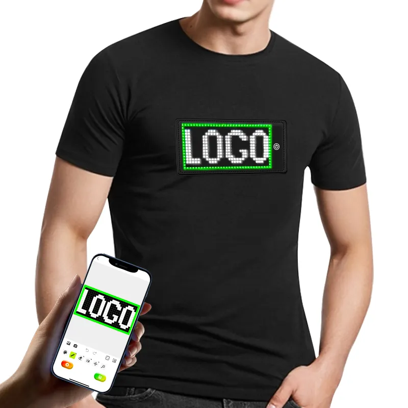 Unisex Black Cotton T Shirt with Flexible LED Screen Luminous Scrolling Customized Text Animation APP Programmable LED T Shirt