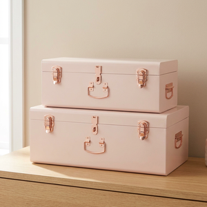 Beautify Blush Pink Vintage Style Steel Metal Storage Trunk Set Lockable Decorative Rose Gold Handles Gift for Wedding - Product Image 2
