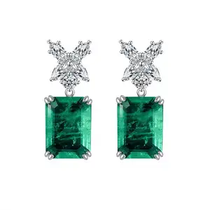 925 Sterling Silver 7Ct Green Simulated Synthetic Emerald Dangle Earrings Green Earring Emerald Earrings