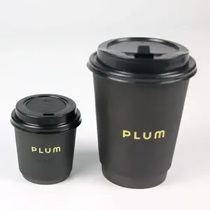Siyah çift duvar tek kullanımlık kağıt bardaklar kahve tedarikçileri özel baskılı ucuz su geçirmez kahve kağıt bardak siyah kapaklı