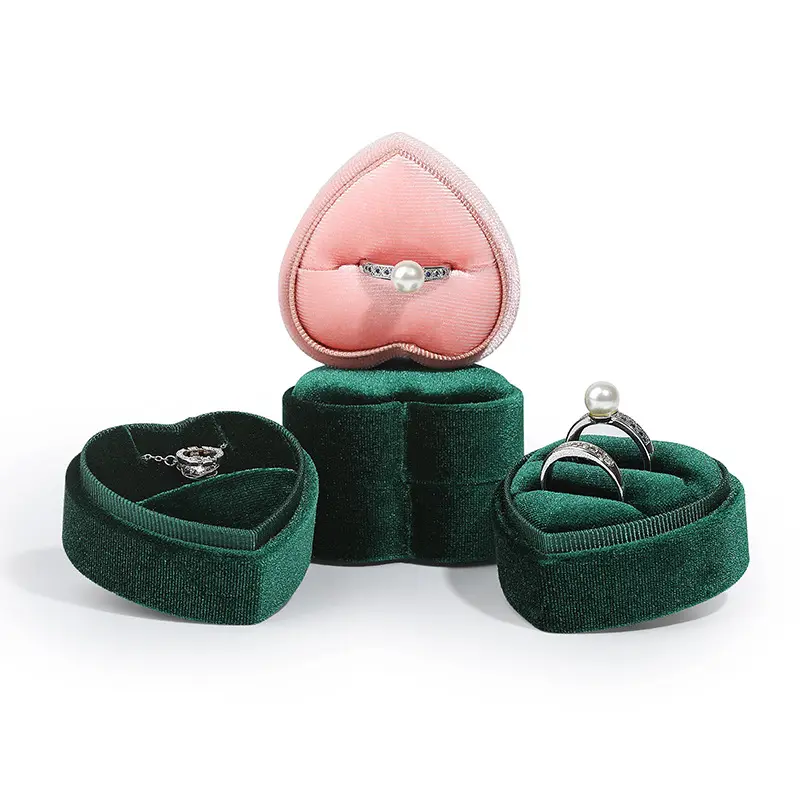 Portagioie con anello a forma di cuore in velluto rosa di colore verde personalizzato semplice squisito anello di velluto a coste coppia scatola portaoggetti per gioielli