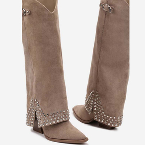 Women Metal Studs Knee High <b>Boots</b> Cowboy Overlay Long Booties Ladies Western Style Chunky Wedge Heels Suede <b>Pants</b> Shoes - Product Image 6