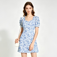 Robe mini trapèze pour femme, imprimé floral, en tissu peigné, dos nu, fendue, coupe ajustée, sexy, décontractée, col carré, style automne-été, ODM