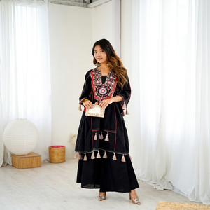 <b>Women</b> Ethnic Cotton <b>Kurta</b> Set With Embroidery Tassels Embroidery, Sequins & Real Mirror Work Casual Wear India Pakistan Style - Product Image 1
