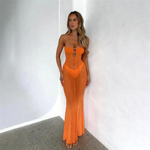 Vestido de pecho envuelto de malla de verano Sexy transparente recortado Delgado Coquette vacaciones playa estilo bata niñas fiesta - Product Image 2