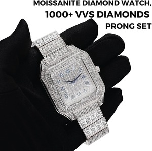 Reloj para Hombre con Diamantes Moissanite, Chapado en Oro Blanco Platino de Lujo, Esfera Cuadrada con Números Romanos, Correa Resistente - Product Image 2