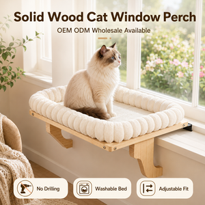 OEM Plateforme de fenêtre pour chat, avec tapis en peluche amovible, structure en bois massif, étagère stable à fixer sur le rebord de fenêtre, pour le repos des chats de grande taille - Product Image 1