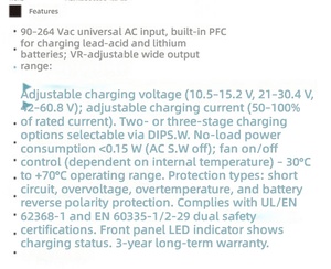 MT-NPB-360-24TB เครื่องชาร์จแบตเตอรี่แบบปรับได้ 360W 24V 12A, รองรับแรงดันไฟฟ้าขาเข้า 90-264VAC, ระบบชาร์จ 2/3 ขั้นตอน สำหรับแบตเตอรี่ตะกั่ว-กรด/ลิเธียมไอออน - Product Image 3