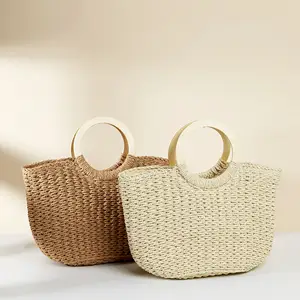 Wholesale Beige Shoulder Wooden Handle Bag Woven Straw Woven Basket Tote Travel Bag For Summer Beach