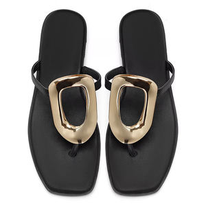 חם נשים נוחות להחליק על מגלשות עור חוף עור מתכת פתוחה הבוהן שטוחות כפכפים מסנדלים נעלי בית - Product Image 3