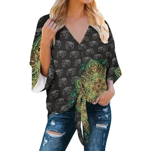 Tops de chifón para mujer con cuello en V y estampado bohemio de elefante de diseño único, camisas de manga larga personalizadas para mujer, ropa de trabajo de oficina, Tops para mujer