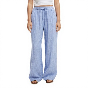 Pantalones holgados de lino blanco con cintura elástica para mujeres y niñas, ropa de noche para cualquier día, pantalones bajos moq - Product Image 3