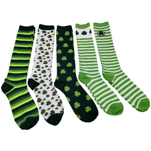 圣帕特里克节绿色三叶草三叶草条纹爱尔兰服装膝高袜