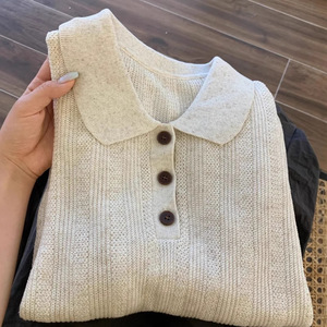 Suéter de Punto para Mujer, Estilo Polo, Color Sólido, Manga Corta, Corte Holgado, Cuello con Botones, Estilo Casual, Color Gris - Product Image 1