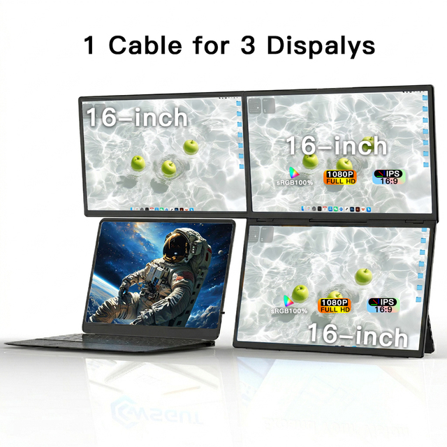 16Inch Triple Portable Monitor FHD Full IPS Panel 300 Nits Brightness Type-C Connection 3-Fold Design External Laptop Display