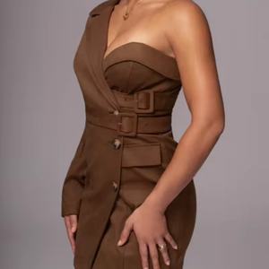 Nuevo Vestido Formal Elegante y Estilizado para Oficina, Vestido Blazer Mini de Manga Larga con un Hombro Descubierto para Mujer - Product Image 3