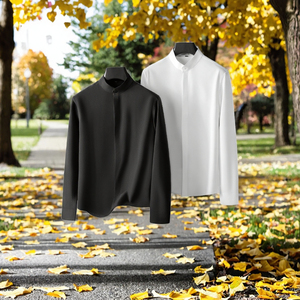 Nouvelle Collection Printemps – Chemise Homme en Coton Tricoté à Double Boutonnage, Manches Longues, Style Chinois Haut de Gamme, Col Montant, Respirante et Écologique - Product Image 3
