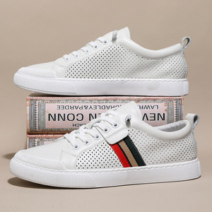 White Hollow-out Men's <b>Sneakers</b> Top Layer Cowhide <b>Leather</b> Breathable Low Heel EVA Midsole Rubber Outsole Daily Wear - Product Image 3