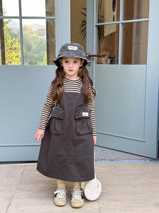 أزياء كورية غير رسمية خريفية مخطط تي شيرت + فستان كارجو 2 طقم ملابس فتيات أطفال - Product Image 2