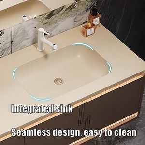 Meuble-lavabo mural double vasque marron style minimaliste avec vasque intégrée sans joint et armoire miroir LED intelligente - Product Image 5