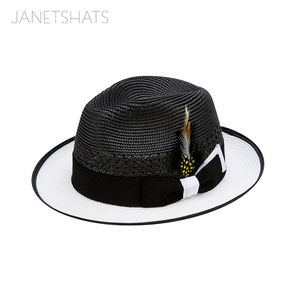 Sombrero de Paja para Hombre Bruno Capelo, 100% Poliéster Trenzado, Ala Rizada, Dos Tonos de Color, Banda con Lazo de Pluma para Viajes, Pesca y Actividades al Aire Libre - Product Image 3