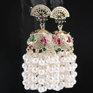 Luxury Gold Plated Multicolor Cubic Zirconia Indian Jhumka Earrings Pearl Beaded Dangle Chandelier Earrings