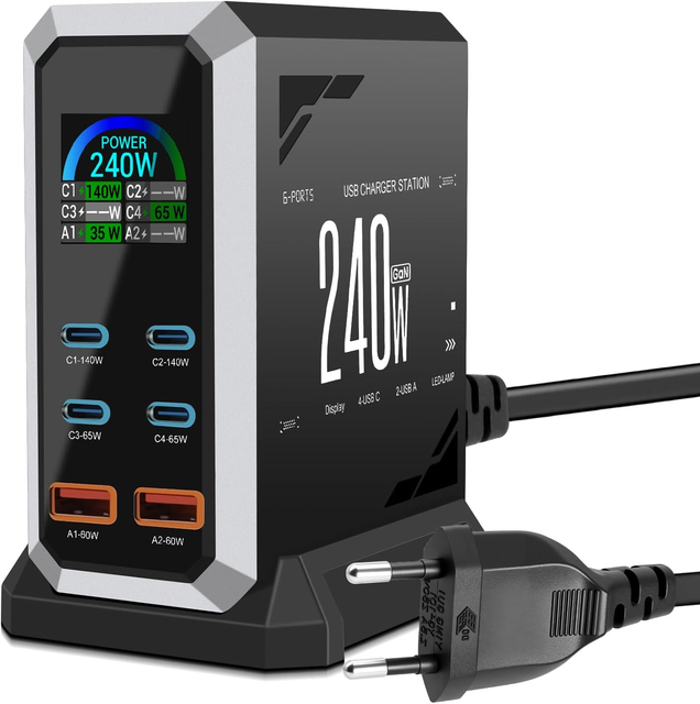 240W GaN³ USB Charging Station, 6-Port (4 USB-C + 2 USB-A) Fast Charger with Digital Display, PD 140W/65W Desktop Charging Hub